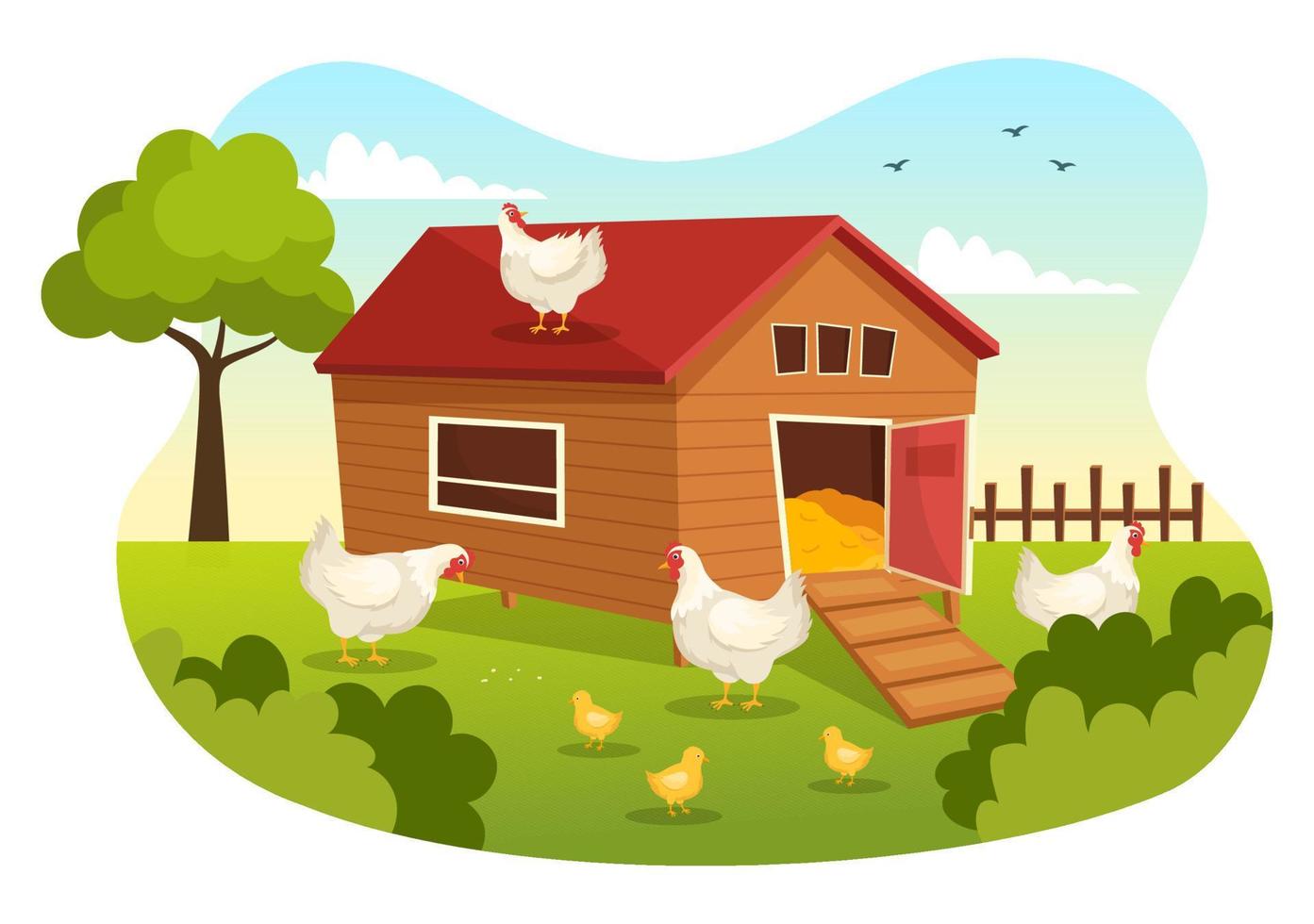 avicultura con granjero, jaula, pollo y granja de huevos en la vista de fondo de campo verde en la ilustración de plantilla de dibujos animados lindo dibujado a mano vector