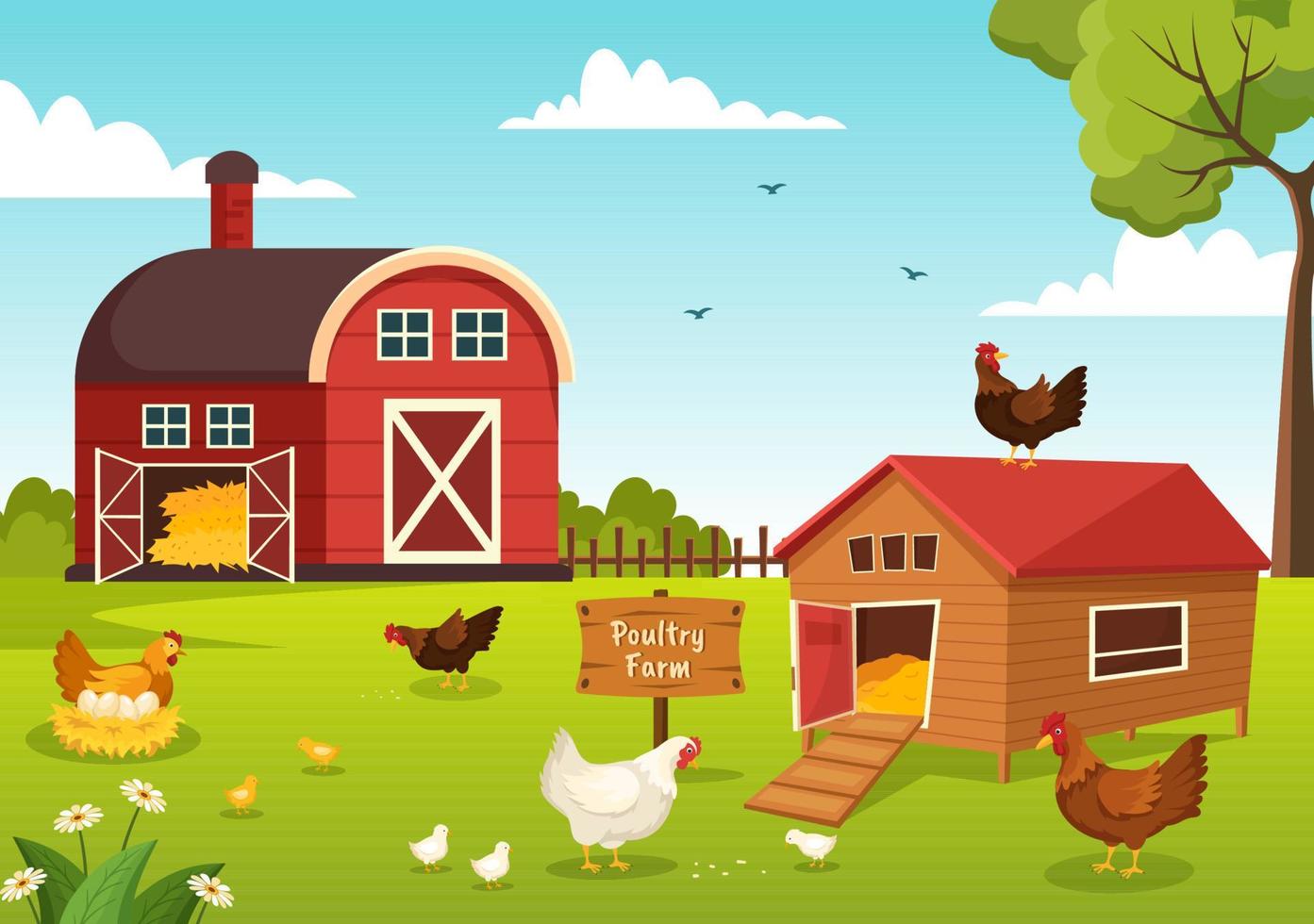 Poultry Farming with Farmer, Cage, Chicken and Egg Farm on Green Field Background View in Hand Drawn Cute Cartoon Template Illustration vector