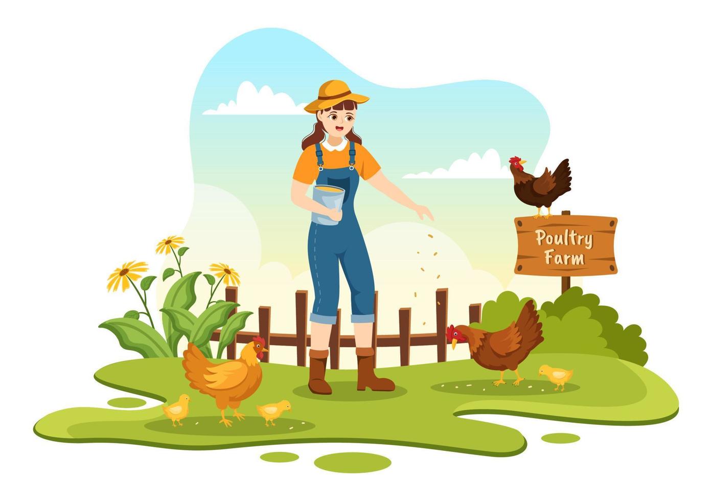 Poultry Farming with Farmer, Cage, Chicken and Egg Farm on Green Field Background View in Hand Drawn Cute Cartoon Template Illustration vector