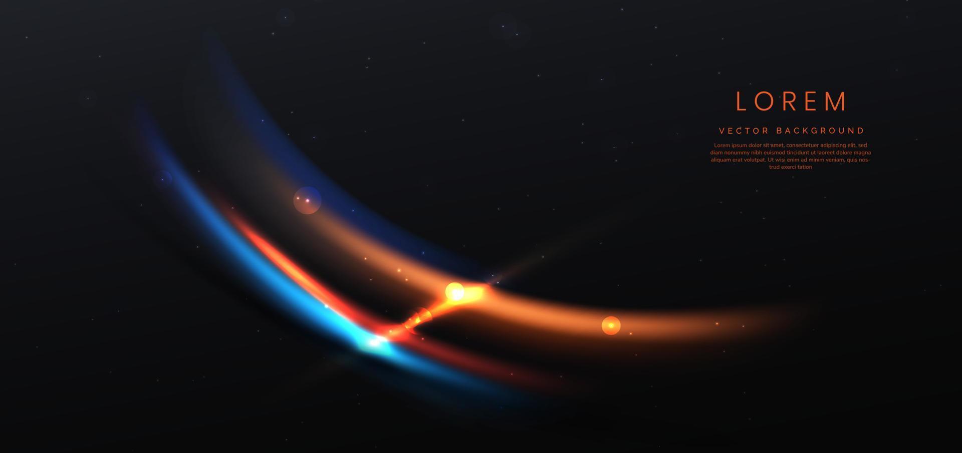 Abstract neon light curved orange and blue on black background. vector