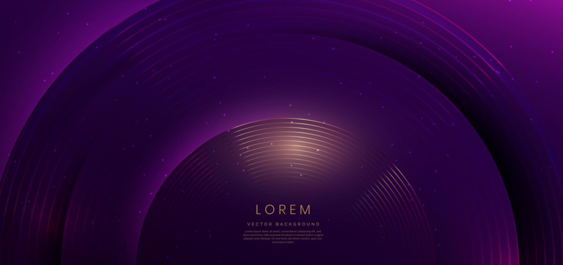 las líneas doradas de lujo abstractas se superponen en un círculo sobre un fondo morado oscuro. diseño de premio premium de plantilla. vector