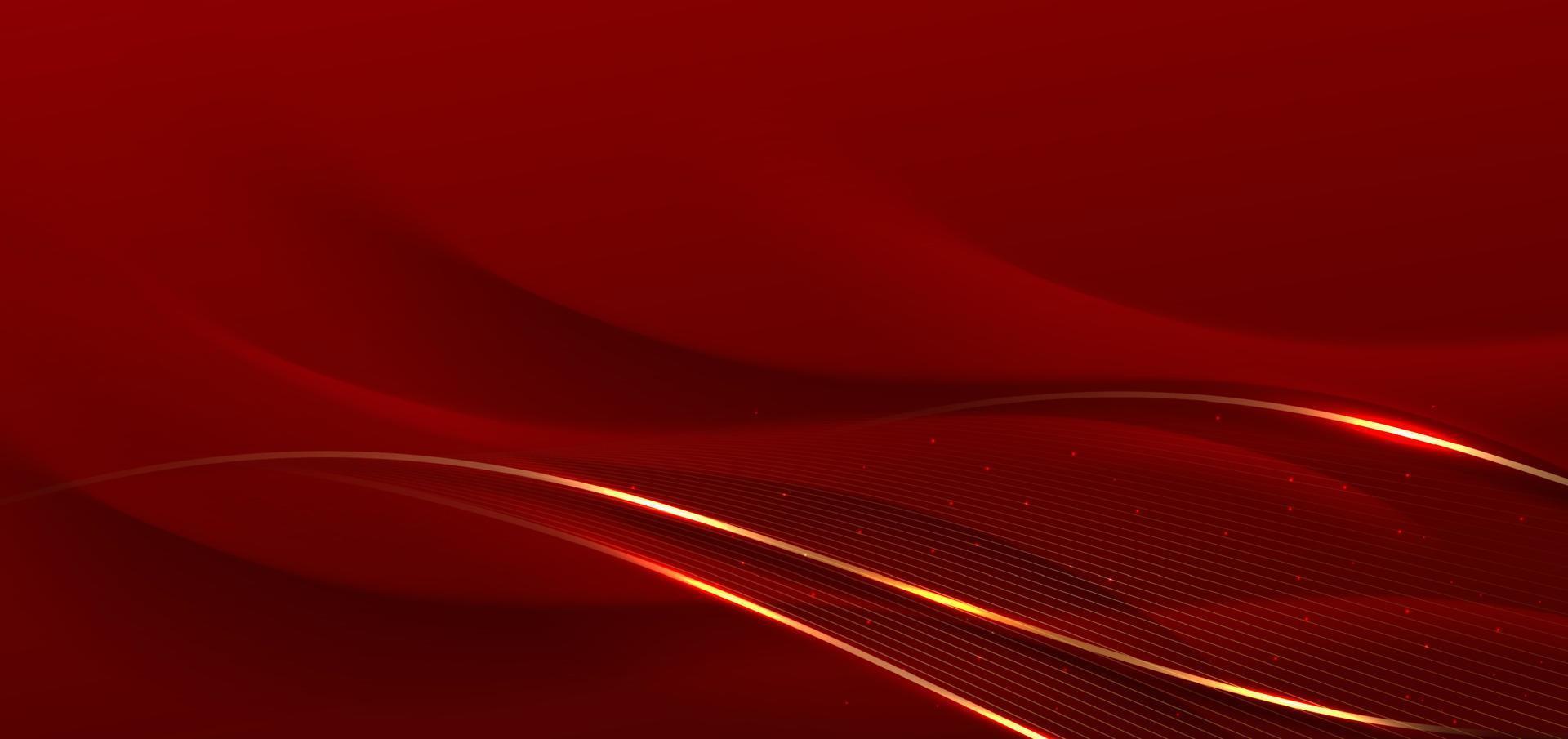 Abstract 3d curved red shape on red background with golden lines lighting effect and sparkle with copy space for text. Luxury design style. vector