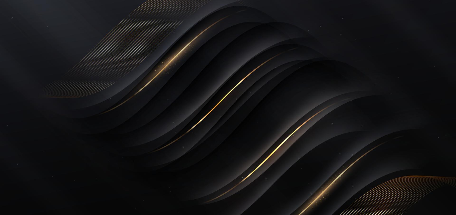 Luxury curve golden lines on black background with lighting effect copy space for text. Luxury design style. vector