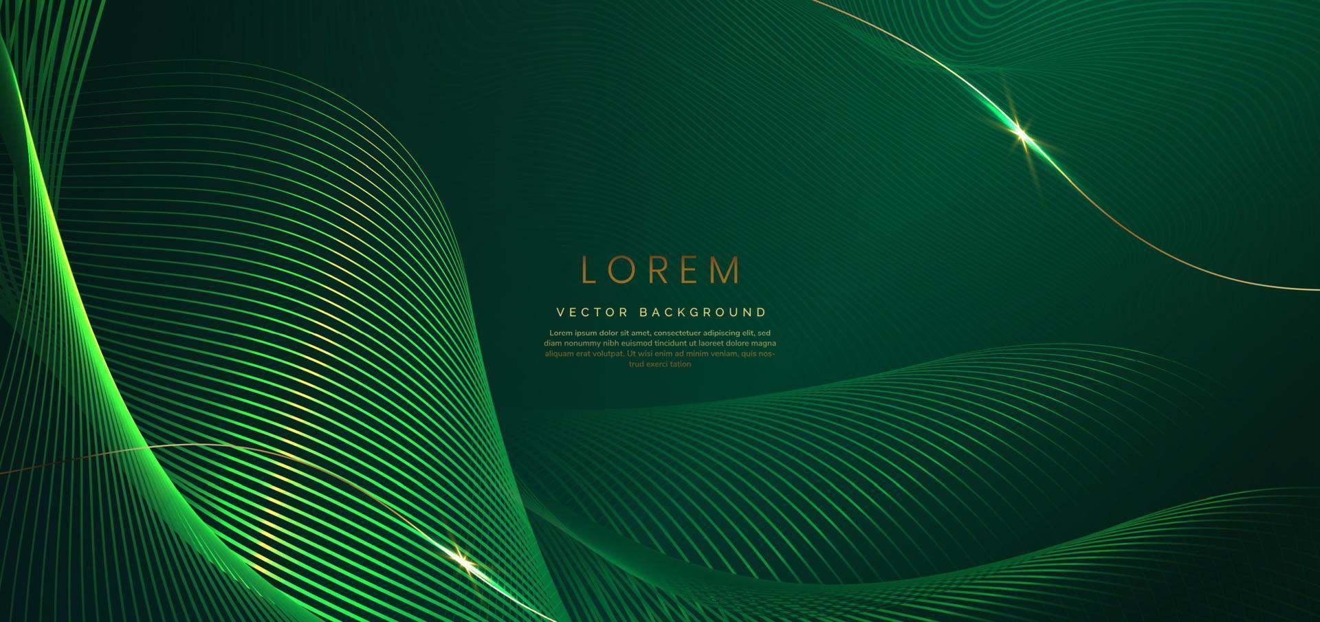 Abstract luxury glowing lines curved overlapping on dark green background. Template premium award design. vector