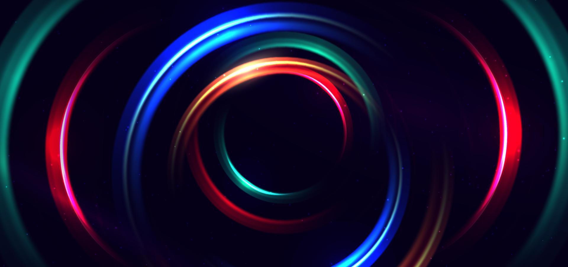 Abstract technology futuristic neon circle glowing blue, green and red light lines with speed motion blur effect on dark blue background. vector