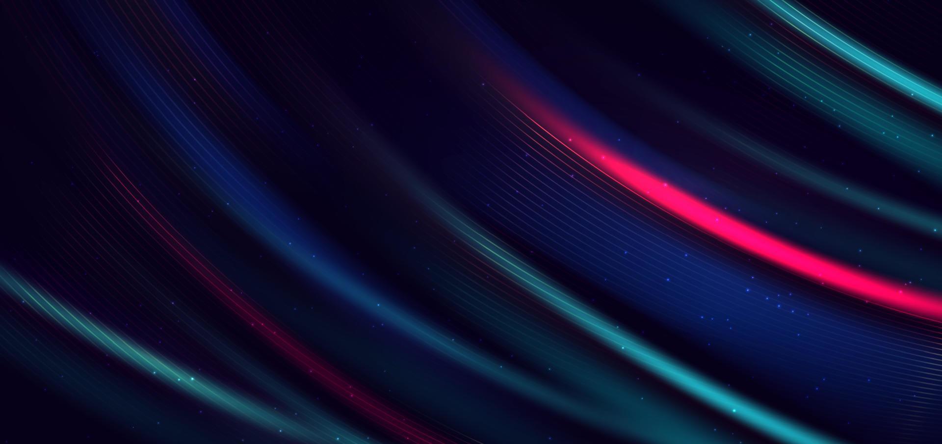 Abstract glowing curved neon light red and blue on dark blue background. vector