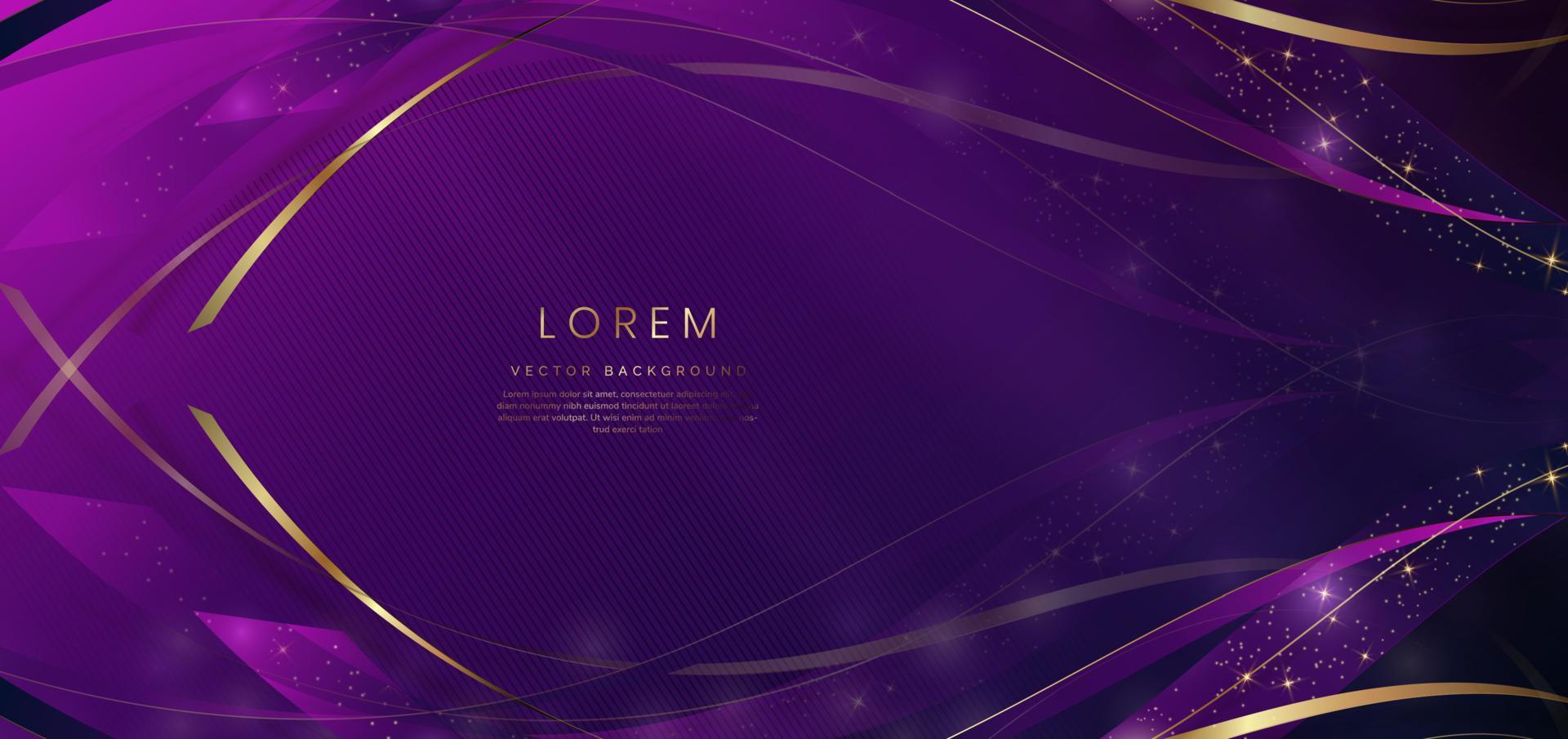 Abstract 3d gold curved ribbon on purple and dark blue background with lighting effect and sparkle with copy space for text. Luxury design style. vector