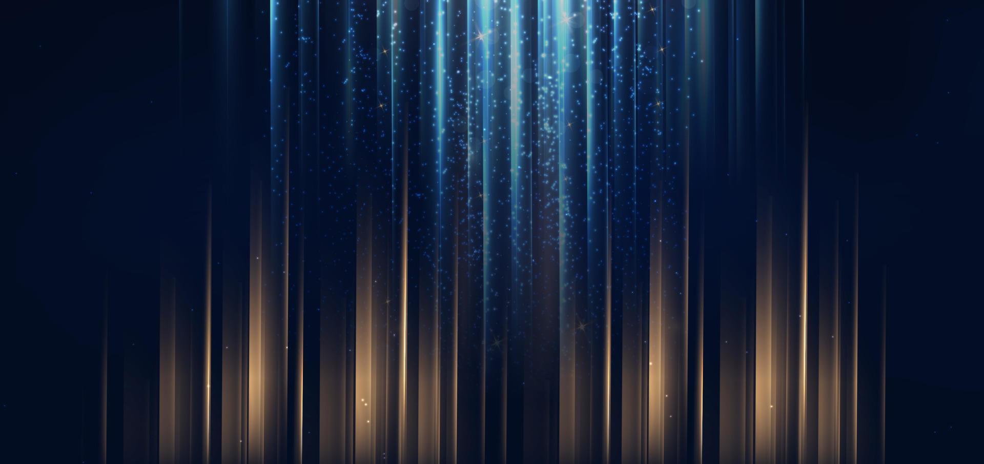 Luxury light blue and gold stripe vertical lines light on dark blue background with gold lighting effect sparkle. vector