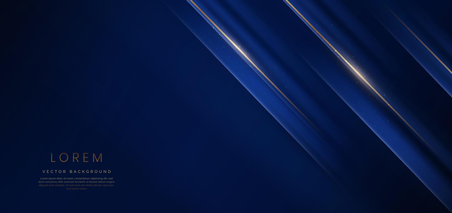 Abstract elegant dark blue background with golden line and lighting effect sparkle. Luxury template design. vector