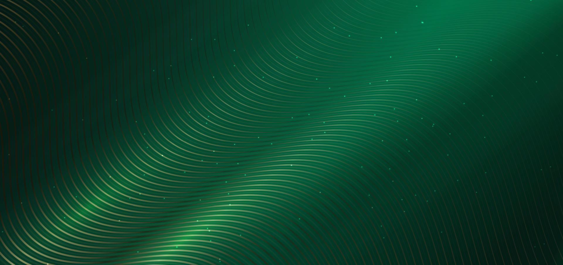 Luxury wavy golden lines on dark green  background with lighting effect. vector