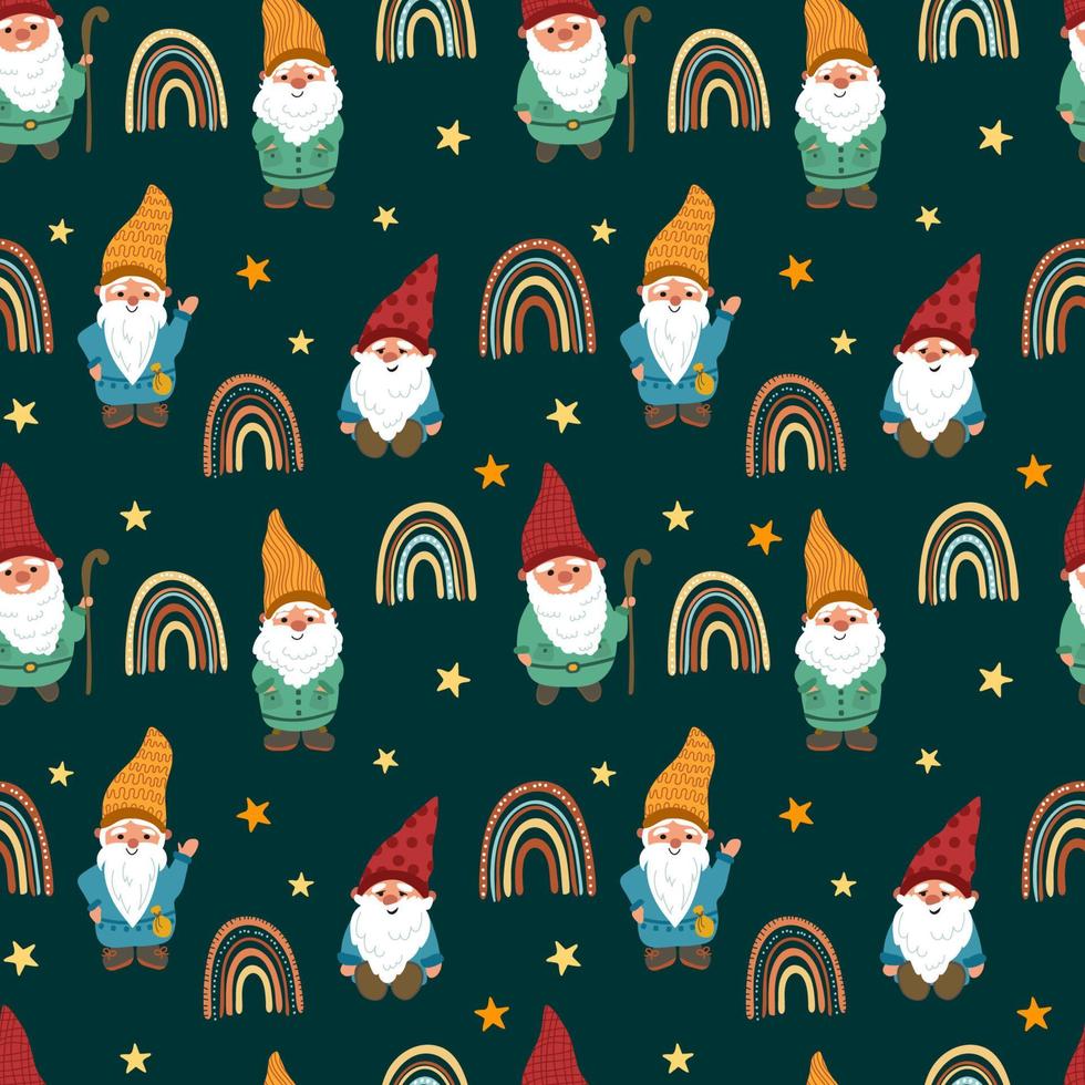 Funny gnomes and rainbows. Seamless pattern, vector illustration