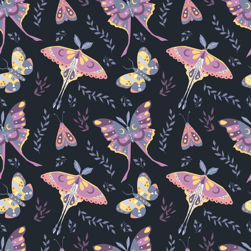 mariposas, polillas y hojas. patrón sin costuras ilustración vectorial vector