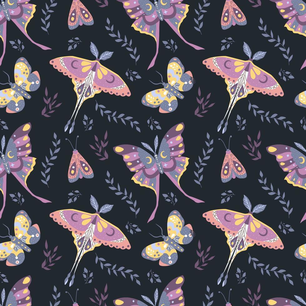 Butterflies, moths and leaves. Seamless pattern. Vector illustration