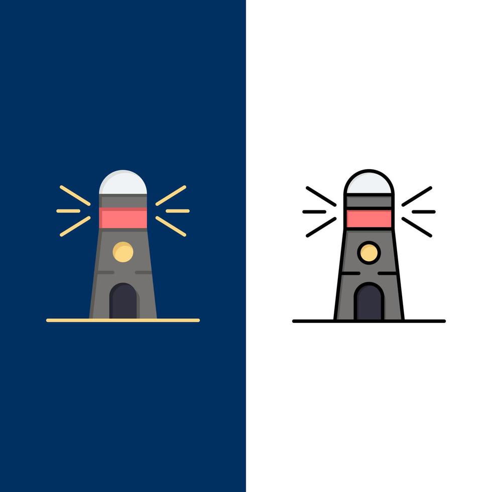 Lighthouse Building Navigation House  Icons Flat and Line Filled Icon Set Vector Blue Background