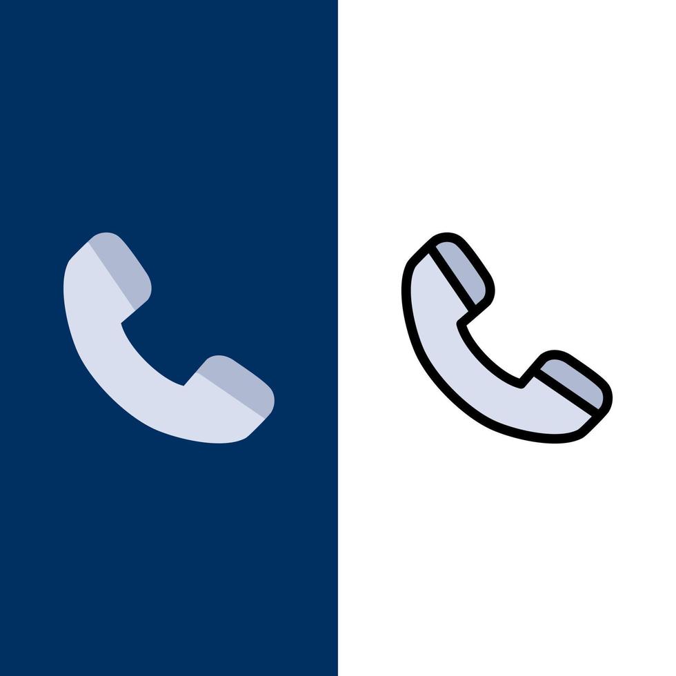 llame al teléfono iconos de teléfono plano y lleno de línea conjunto de iconos vector fondo azul