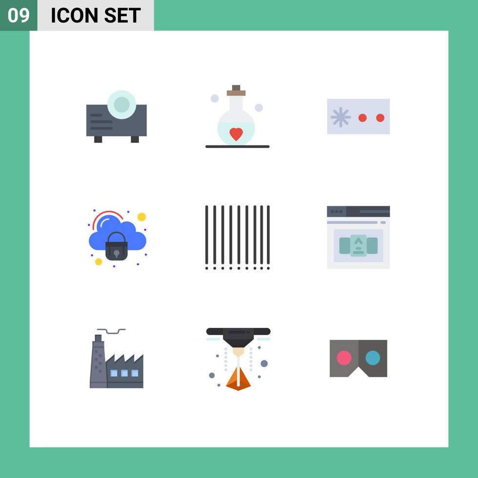 Flat Color Pack of 9 Universal Symbols of business barcode password secure cloud Editable Vector Design Elements