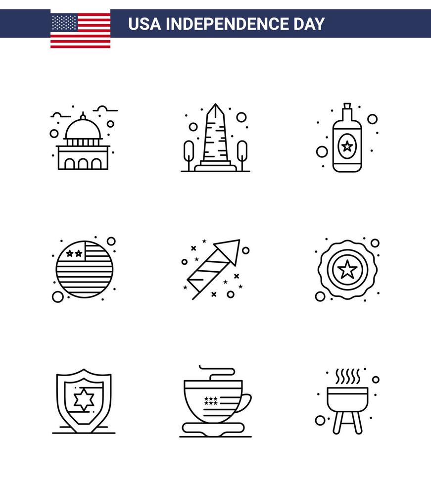 9 USA Line Pack of Independence Day Signs and Symbols of festivity international flag usa flag wine Editable USA Day Vector Design Elements