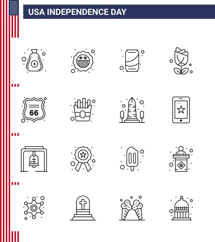 Stock Vector Icon Pack of American Day 16 Line Signs and Symbols for shield plent beer usa flower Editable USA Day Vector Design Elements
