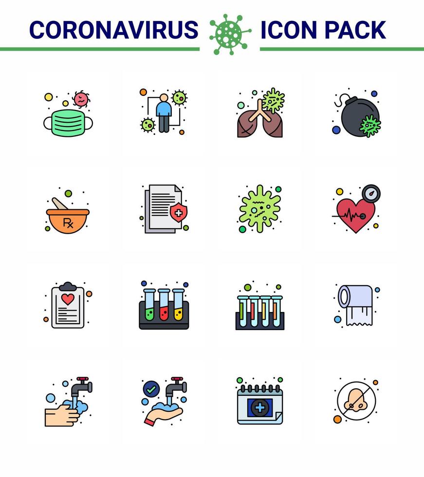 Coronavirus Prevention Set Icons 16 Flat Color Filled Line icon such as herbal virus viral bomb pneumonia viral coronavirus 2019nov disease Vector Design Elements