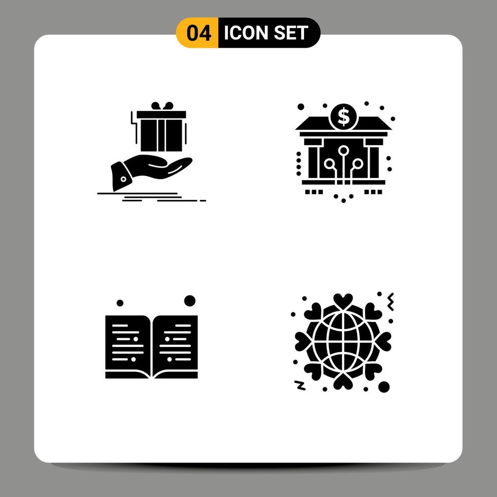 Pack of 4 creative Solid Glyphs of gift digital idea banking education Editable Vector Design Elements