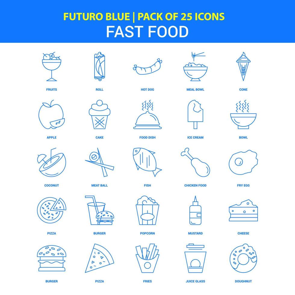 iconos de comida rápida paquete de iconos azul futuro 25 vector