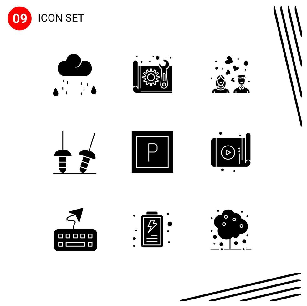 Pack of 9 creative Solid Glyphs of vehicles sport plan sabre heart love Editable Vector Design Elements
