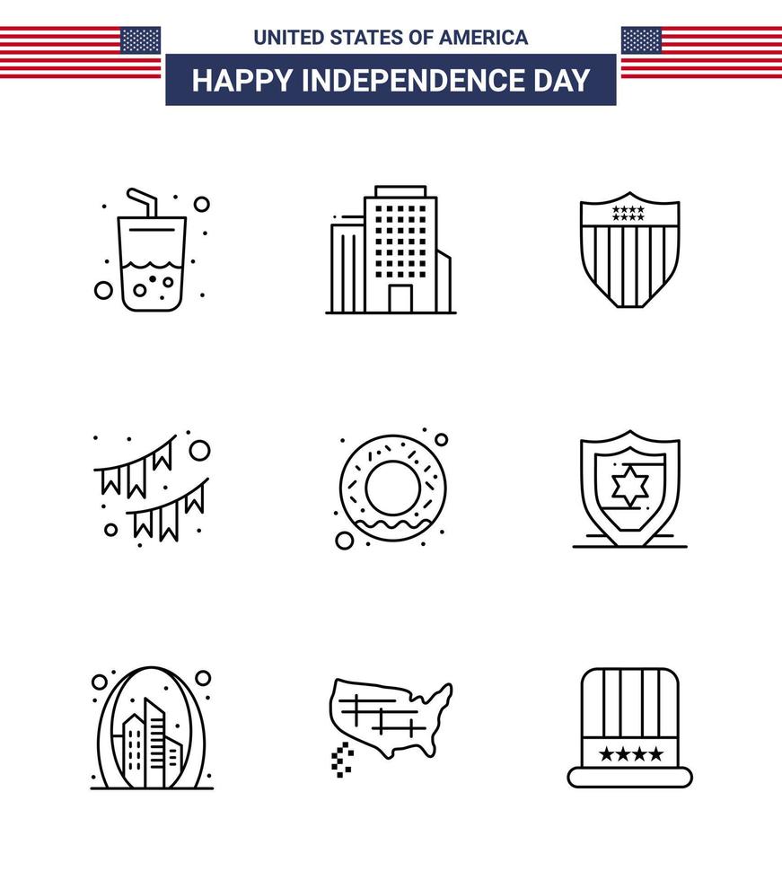 paquete de 9 líneas modernas en el día de la independencia de EE. UU. Guirnalda de comida escudo empavesados de fiesta elementos de diseño vectorial del día de EE. UU. editables vector