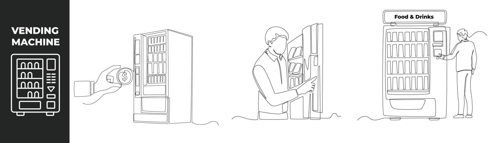 Continuous one line drawing vending machine set concept. Businessman use vending machine for buying food and drinks. Automatic machines dispensing. Single line draw design vector graphic illustration.