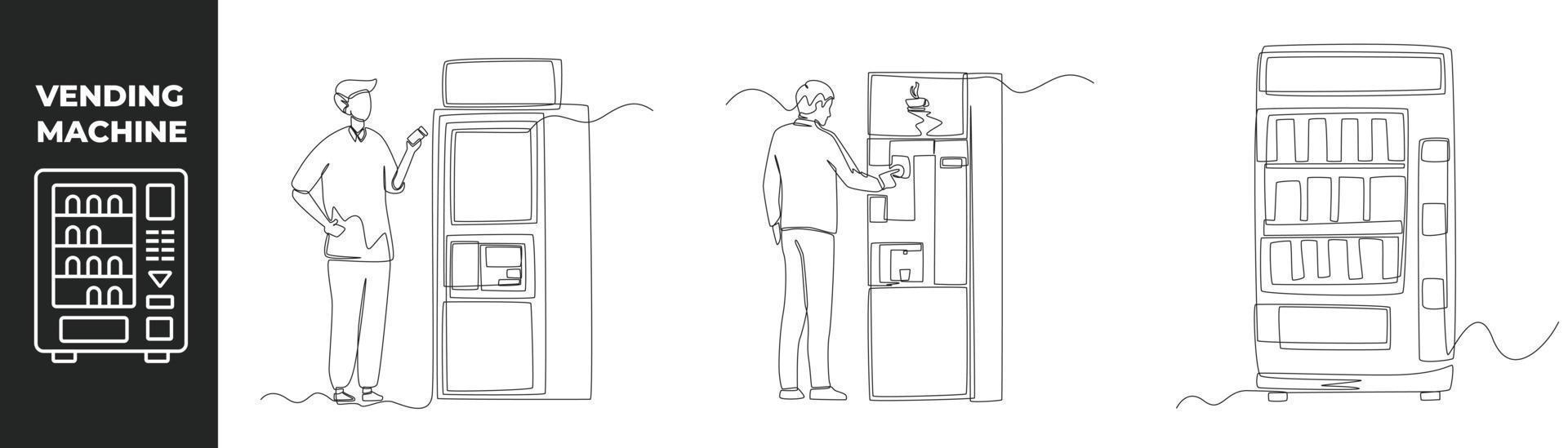 Continuous one line drawing vending machine set concept. Businessman use vending machine for buying food and drinks. Automatic machines dispensing. Single line draw design vector graphic illustration.