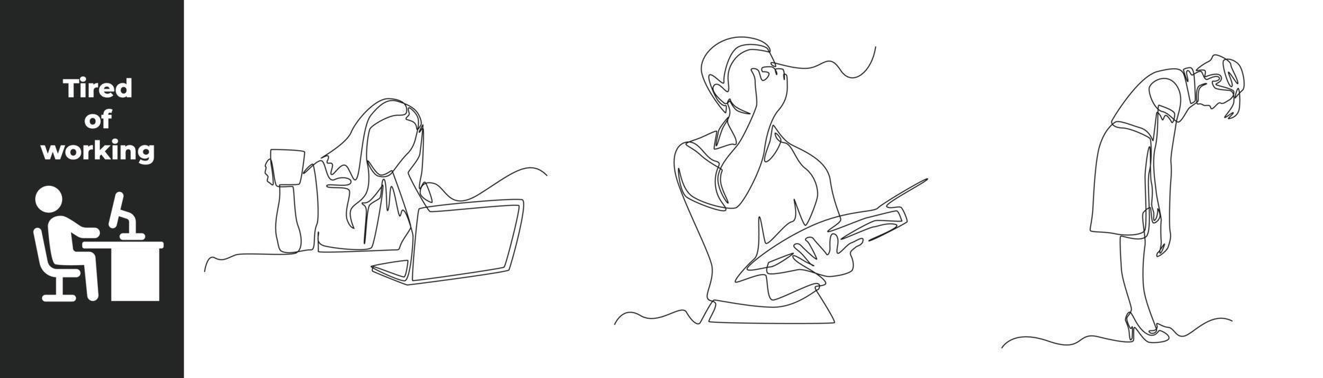 Continuous one line drawing fatigue set concept at work. Workers are tired from work because they are overloaded with business tasks. Single line draw design vector graphic illustration.