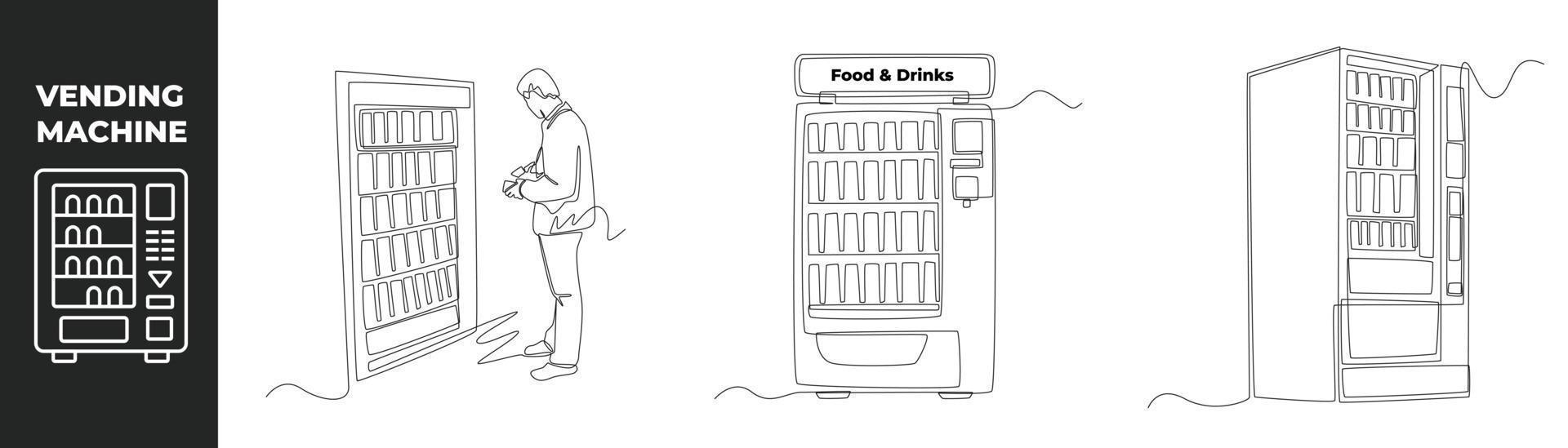 Continuous one line drawing vending machine set concept. Businessman use vending machine for buying food and drinks. Automatic machines dispensing. Single line draw design vector graphic illustration.