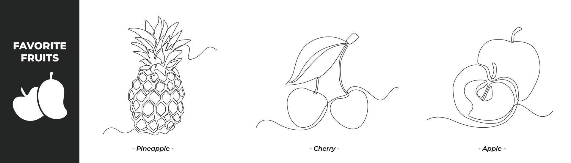 Single one line drawing Fruits set concept. Pineapple, Cherry and apple. Continuous line draw design graphic vector illustration.