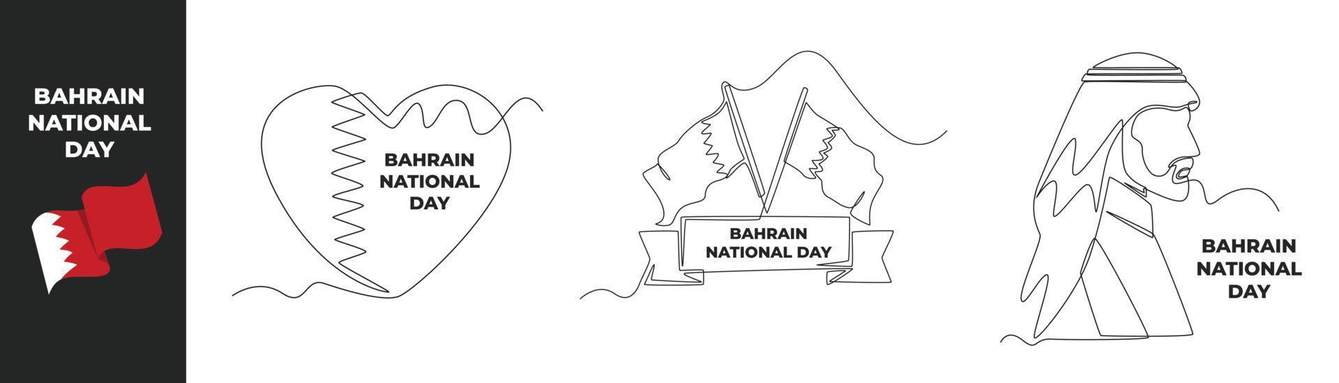 Single one line drawing Bahrain national day set concept. Love icon, Bahrain flag and Arab man in celebration Bahrain national day. Continuous line draw design graphic vector illustration.