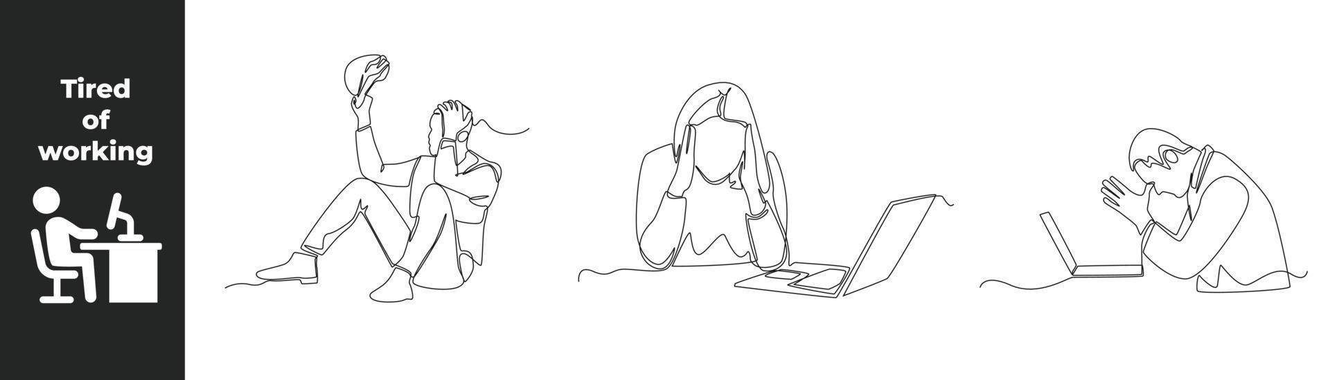 Continuous one line drawing fatigue set concept at work. Tired male office worker sitting. Woman keep ear closed and tired sitting at her working place in office. Single line draw design vector graph.