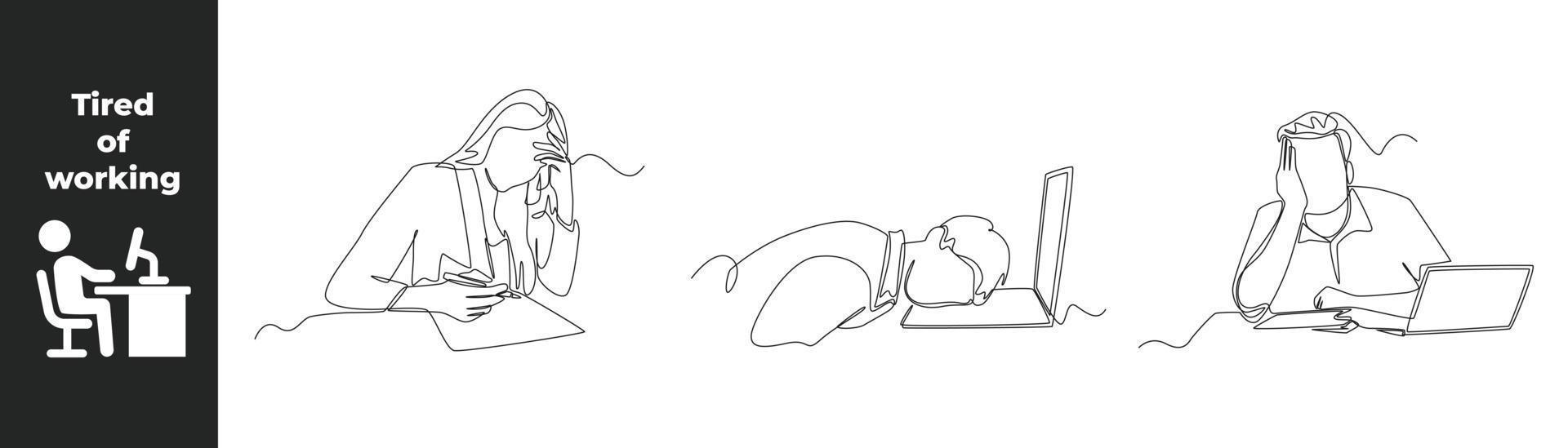 Continuous one line drawing fatigue set concept at work. Workers are tired from work because they are overloaded with business tasks. Single line draw design vector graphic illustration.