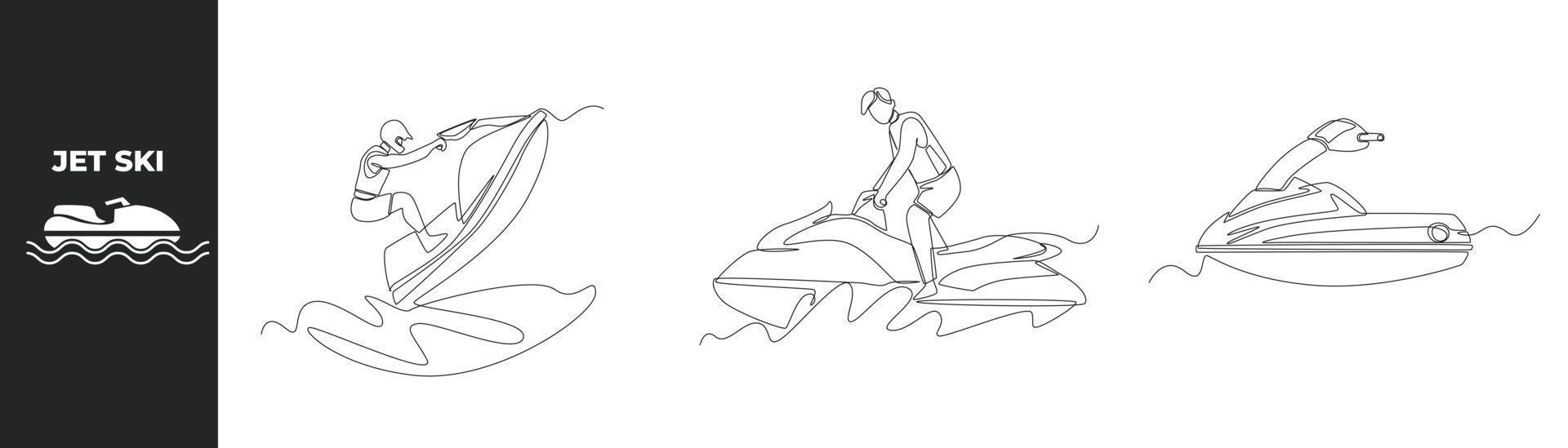 Single one line drawing Riding Jet Ski set concept. Sportsman riding and jumping jet ski and Jet Ski Icon. Continuous line draw design graphic vector illustration.