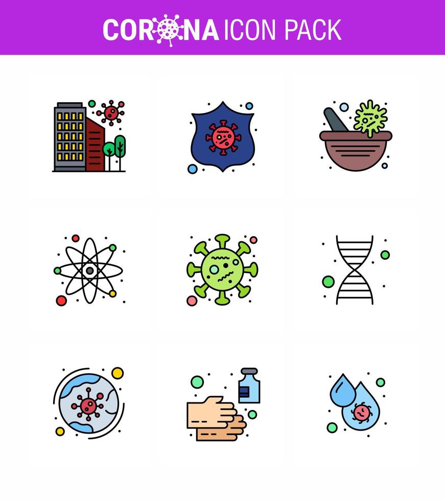 Coronavirus Prevention Set Icons 9 Filled Line Flat Color icon such as research laboratory shield atom pharmacy bowl viral coronavirus 2019nov disease Vector Design Elements