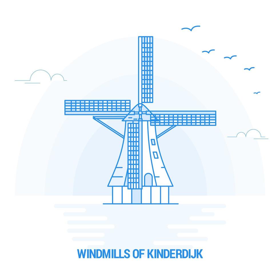 WINDMILLS OF KINDERDIJK Blue Landmark Creative background and Poster Template vector