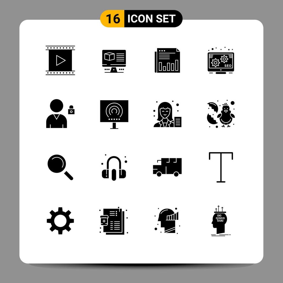 16 User Interface Solid Glyph Pack of modern Signs and Symbols of promotion times monitore paper market Editable Vector Design Elements