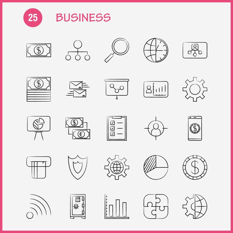 Business Hand Drawn Icons Set For Infographics Mobile UXUI Kit And Print Design Include Internet Globe Global Communication Mouse Computer Device Pointer Eps 10 Vector