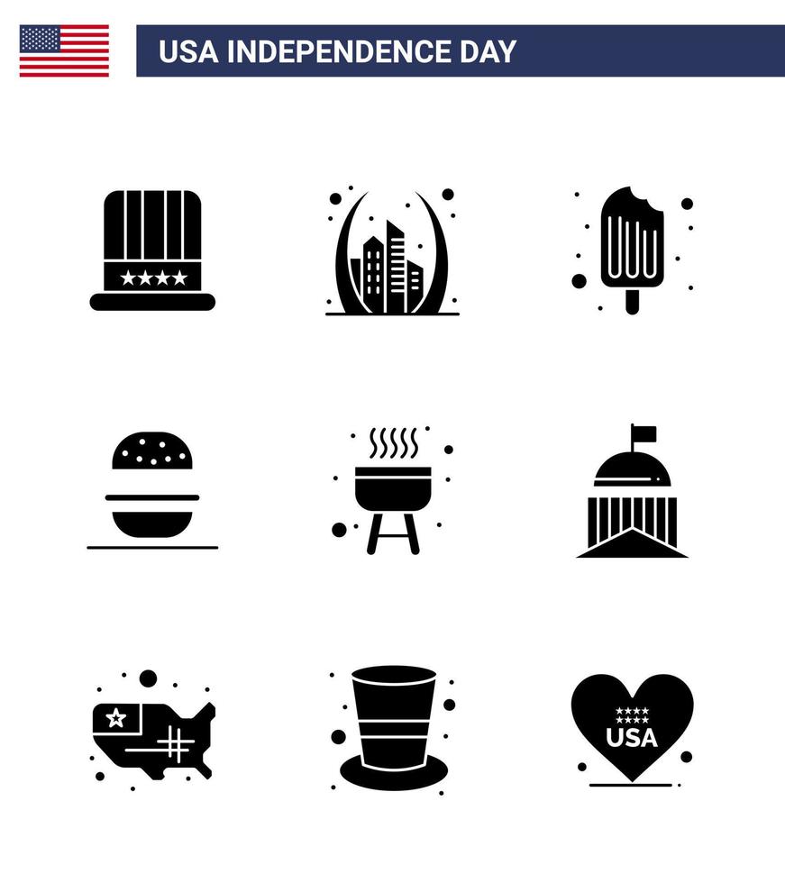 feliz día de la independencia 4 de julio conjunto de 9 glifos sólidos pictograma americano de barbacoa americano usa comer helado elementos de diseño vectorial editables del día de estados unidos vector