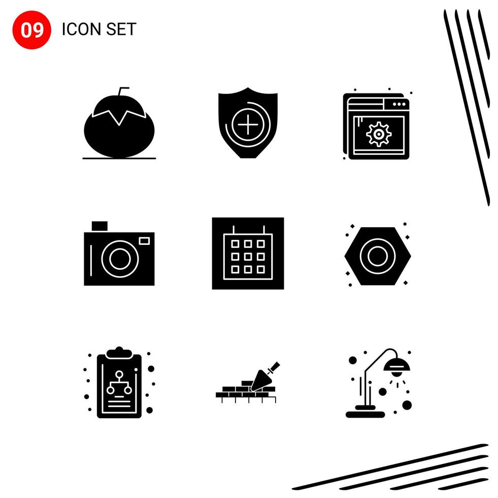 Collection of 9 Vector Icons in solid style Pixle Perfect Glyph Symbols for Web and Mobile Solid Icon Signs on White Background 9 Icons Creative Black Icon vector background