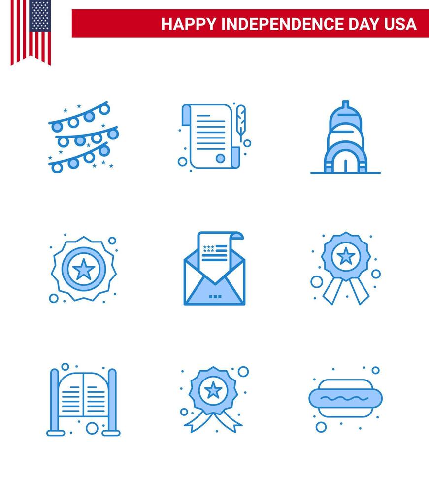 4th July USA Happy Independence Day Icon Symbols Group of 9 Modern Blues of mail greeting usa envelope flag Editable USA Day Vector Design Elements