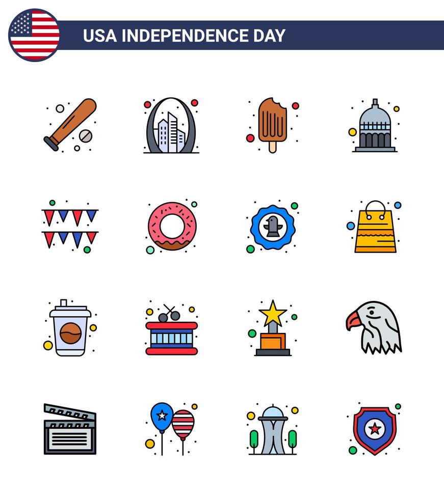 16 Flat Filled Line Signs for USA Independence Day usa indianapolis landmark indiana food Editable USA Day Vector Design Elements