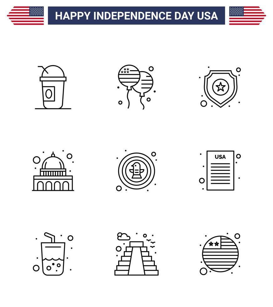 Set of 9 Vector Lines on 4th July USA Independence Day such as bird wisconsin shield usa capitol Editable USA Day Vector Design Elements