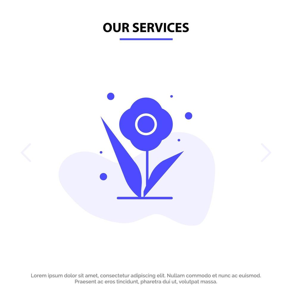 nuestros servicios flor planta rosa primavera icono de glifo sólido plantilla de tarjeta web vector