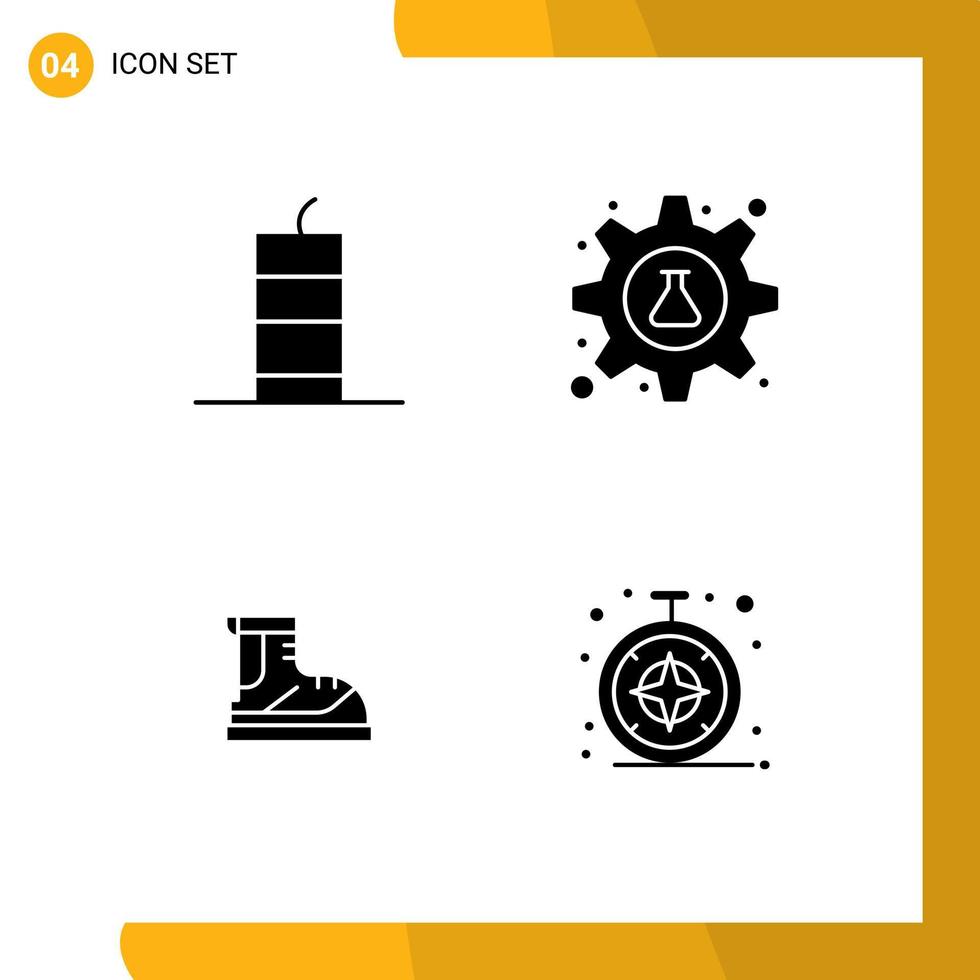 Pack of 4 creative Solid Glyphs of bang tube military bomb gear hiker Editable Vector Design Elements