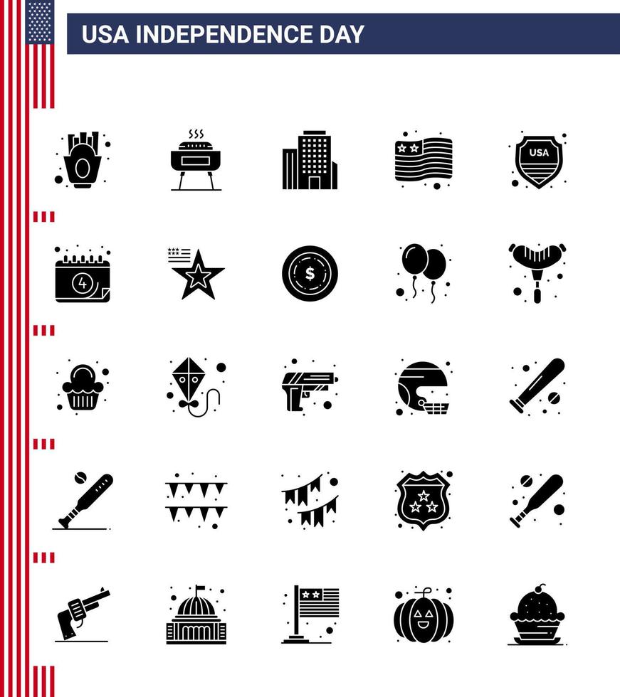 Modern Set of 25 Solid Glyph and symbols on USA Independence Day such as usa shield building security flag Editable USA Day Vector Design Elements