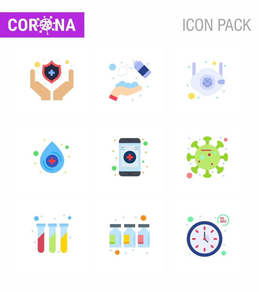 9 paquete de iconos de covid19 de coronavirus de color plano, como gota de cara médica en línea n elementos de diseño de vector de enfermedad de coronavirus viral 2019nov