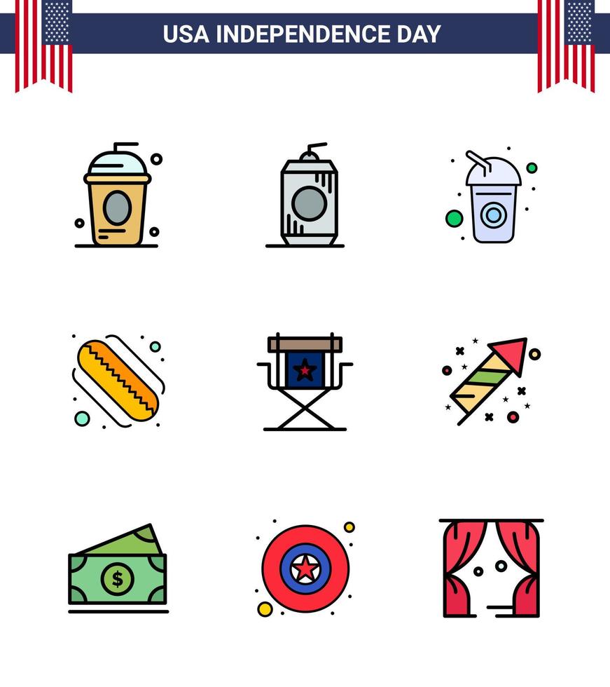 4th July USA Happy Independence Day Icon Symbols Group of 9 Modern Flat Filled Lines of director states usa hotdog soda Editable USA Day Vector Design Elements